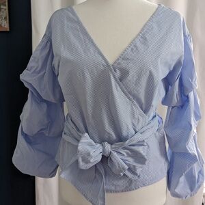 Club Monaco Blue & White Striped Wrap Blouse Tiered Ruffle Bell Sleeves Size XS